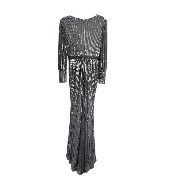 Mac Duggal Silver Sequined Wrap Over Bishop Sleeve Gown - Size 2 - New - Picture 6 of 7